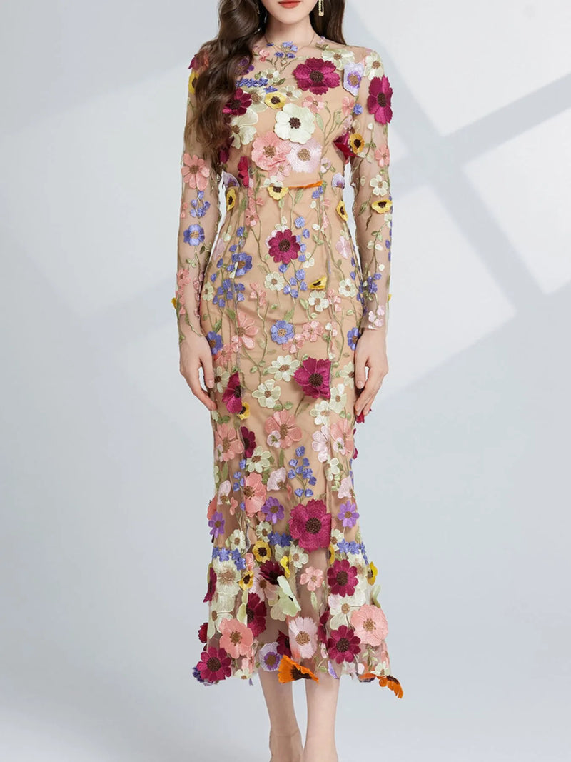 Floral Embroidered Mesh Long Sleeve Midi Dress Apricot / S Floral Embroidered Mesh Long Sleeve Midi Dress Apricot / S