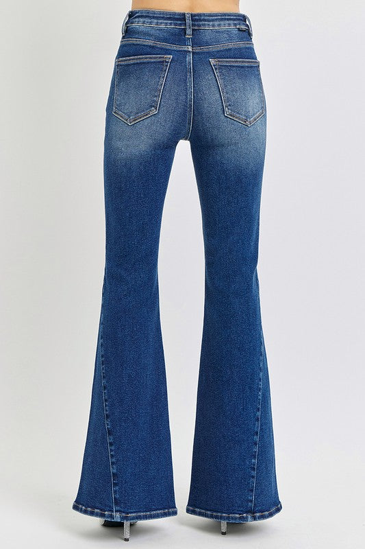 Hazel Blues® |  RISEN Distressed Button-Fly Flare Jeans