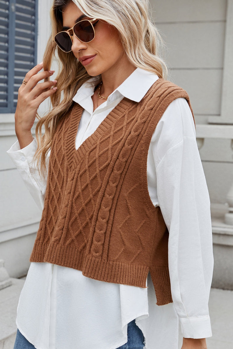 Hazel Blues® |  Cable-Knit V-Neck Sweater Vest