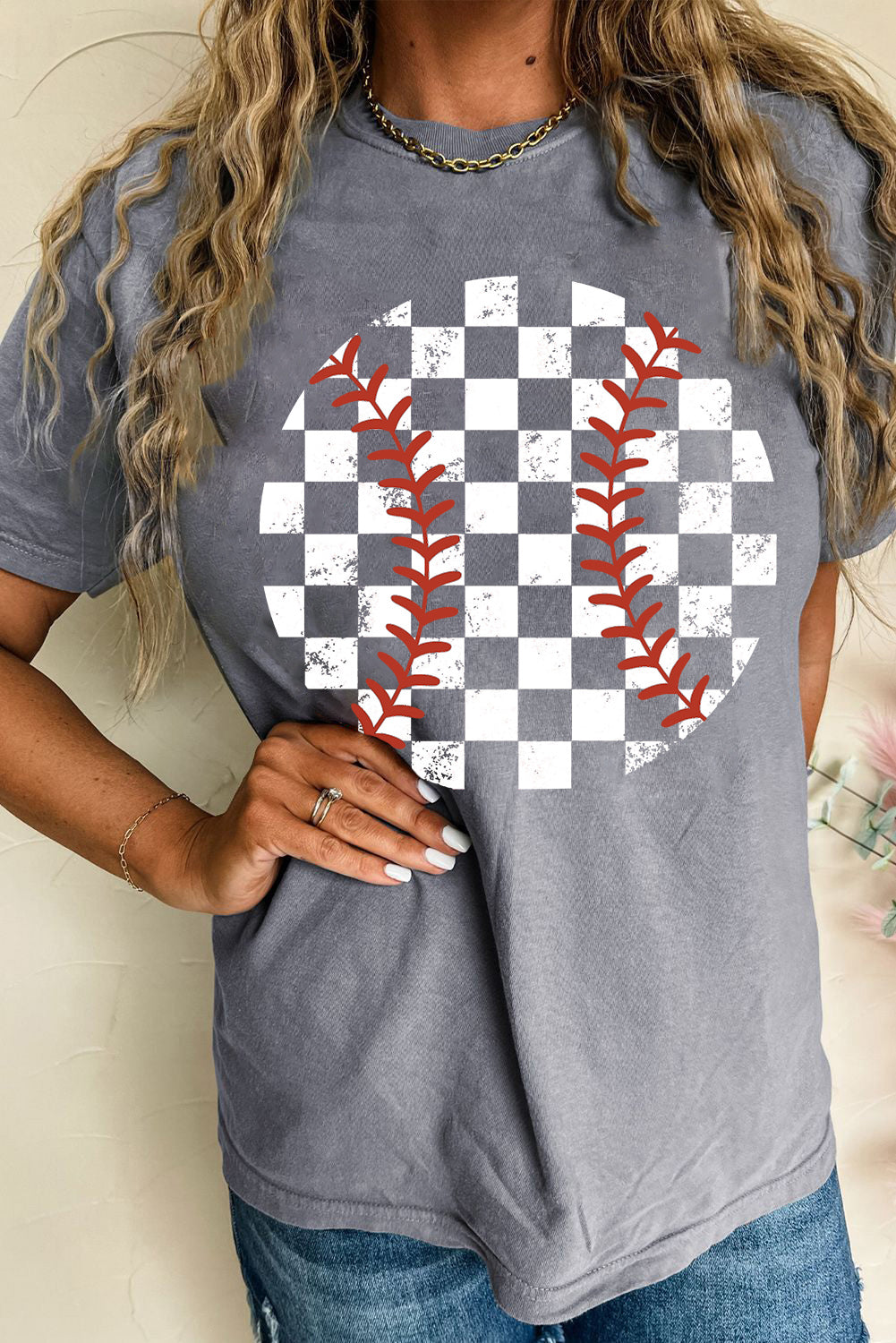 Hazel Blues® |  Gray Vintage Checkered Baseball Graphic Tee