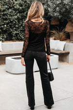 Hazel Blues® |  Black Lace Crochet Mesh Patched Slim Fit Long Sleeve Top