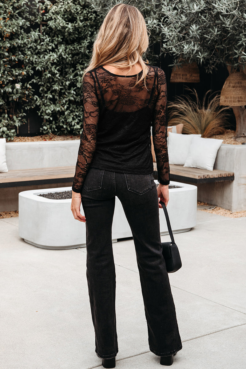 Hazel Blues® |  Black Lace Crochet Mesh Patched Slim Fit Long Sleeve Top