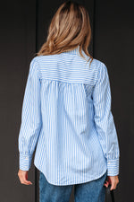 Hazel Blues® |  Sky Blue Stripe Shirred Detail Half Placket Collared Long Sleeve Fall Shirt