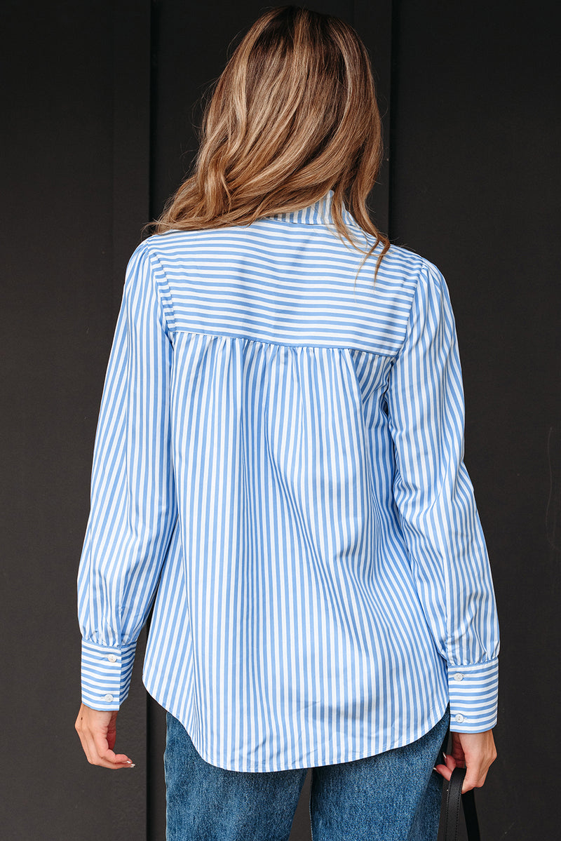Hazel Blues® |  Sky Blue Stripe Shirred Detail Half Placket Collared Long Sleeve Fall Shirt