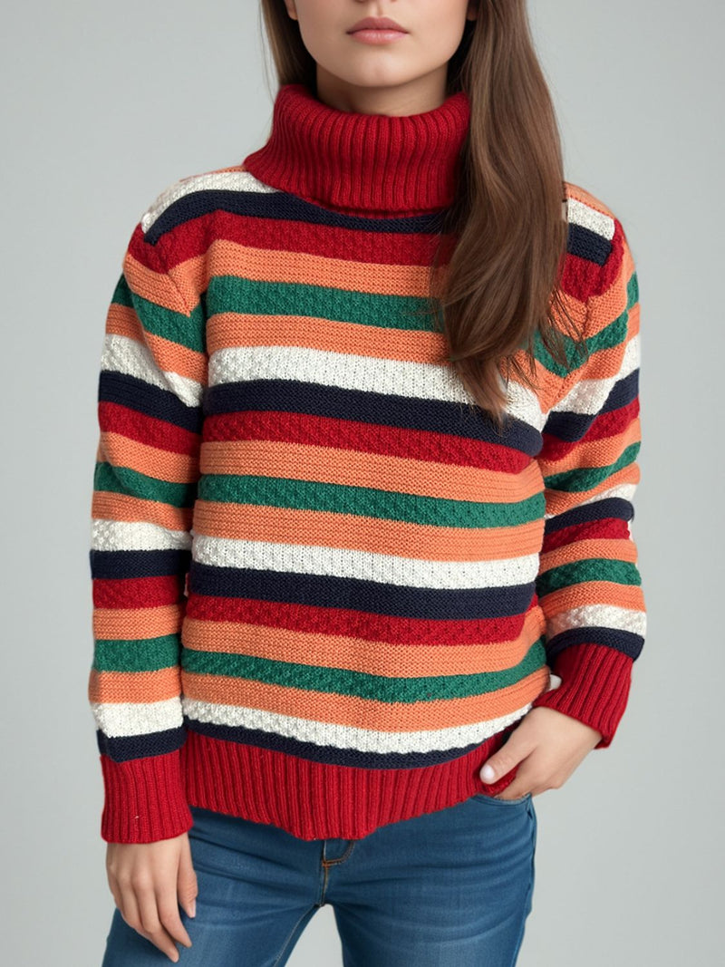Hazel Blues® |  Contrast Stripes Turtleneck Long Sleeve Sweater