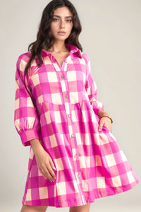 Hazel Blues® |  Ruched Plaid Three-Quarter Sleeve Shirt Dress