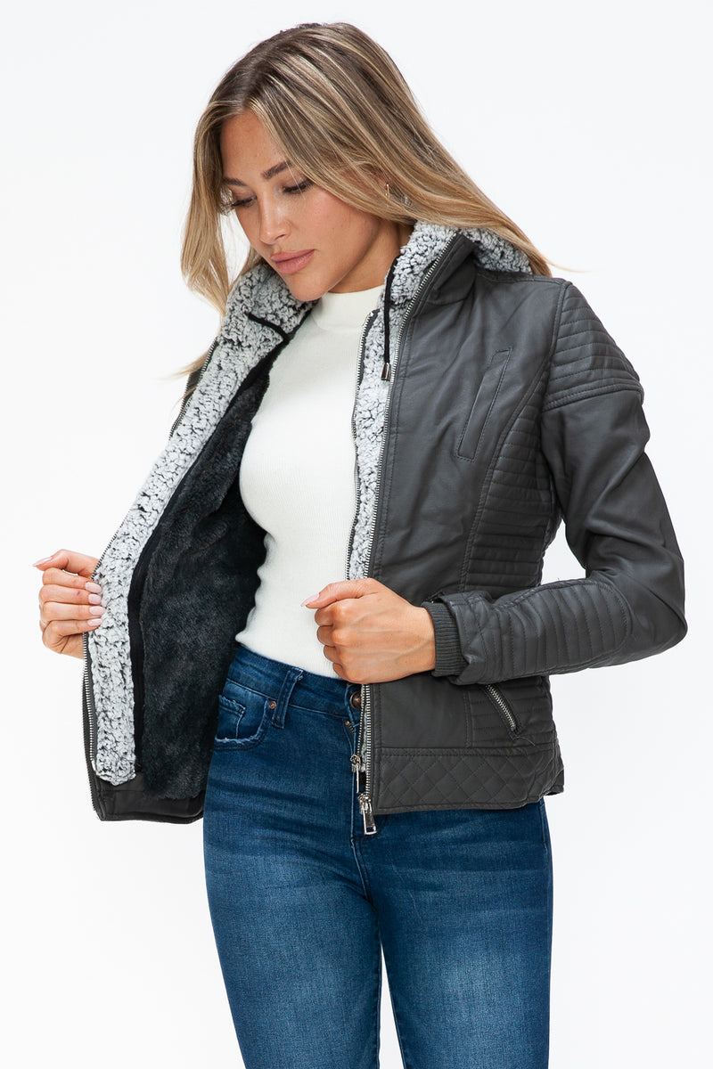 Hazel Blues® |  YMI Faux Layered Double-Zipper Jacket with Fuzzy Hood