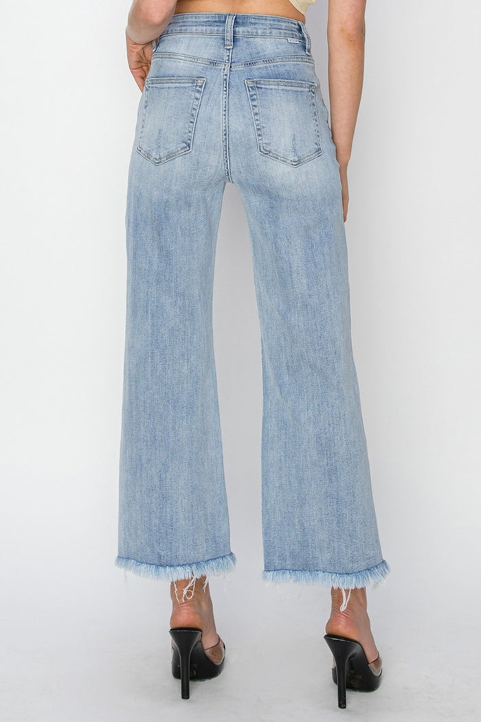 Hazel Blues® |  RISEN High Rise Crop Wide Fray Hem Jeans