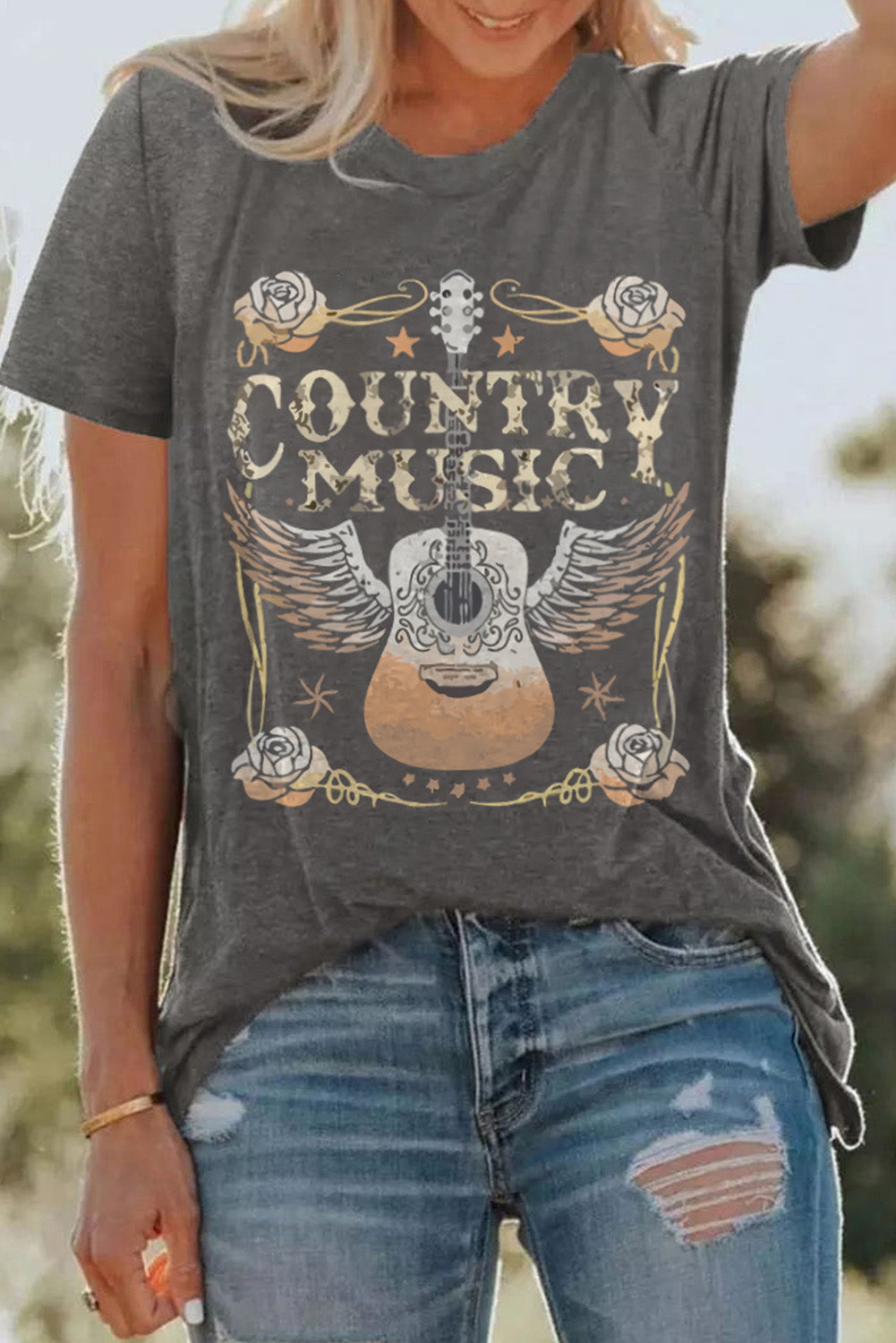 Hazel Blues® |  Gray COUNTRY MUSIC Guitar Graphic Print Crew Neck T Shirt
