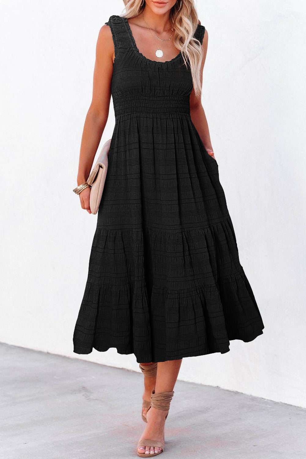Black Shirred Square-Neck Midi Dress