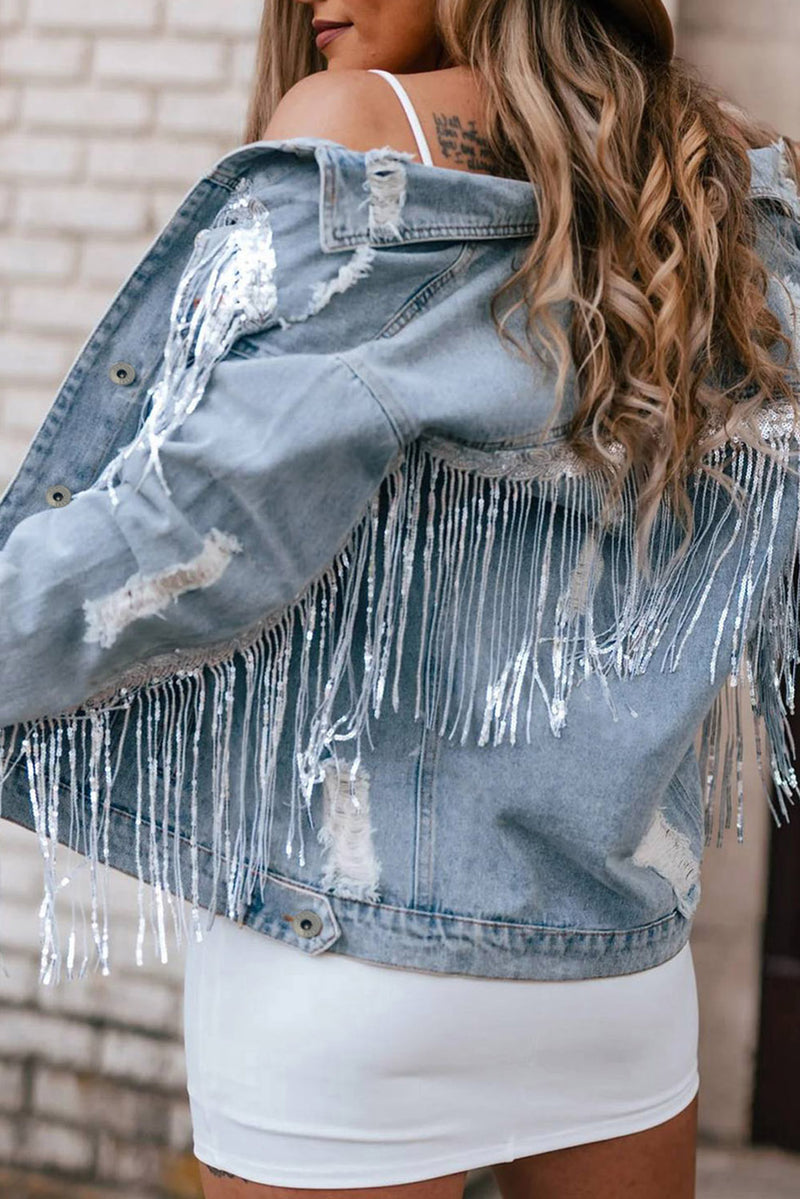 Hazel Blues® |  Sequin Fringe Trim Distressed Button Up Denim Jacket