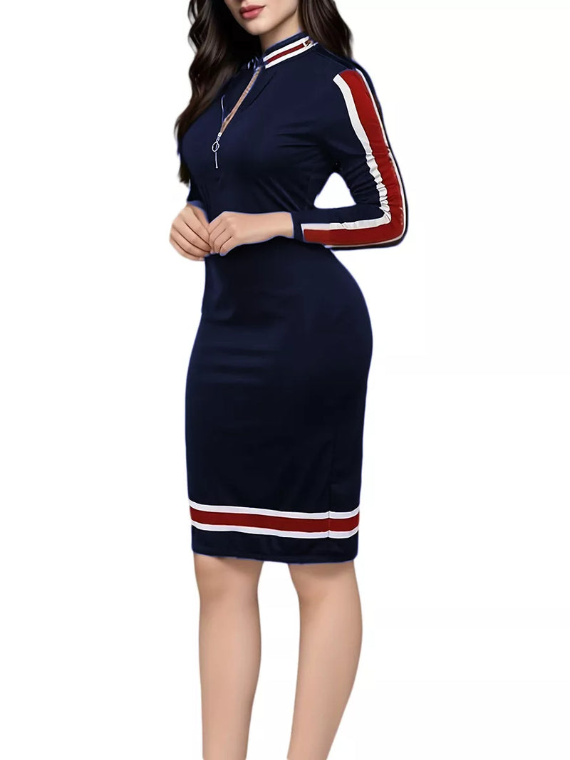 Women's Work Dress Shift Dress Elegant Office Daily Midi Dress Patchwork Stand Collar Long Sleeve Plain Regular Fit Red Navy Blue Spring Fall S M L XL