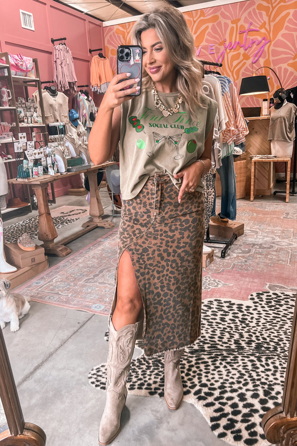 Hazel Blues® |  Brown Leopard Denim Frayed Split Denim Midi Skirt