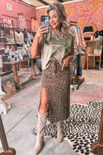 Hazel Blues® |  Brown Leopard Denim Frayed Split Denim Midi Skirt