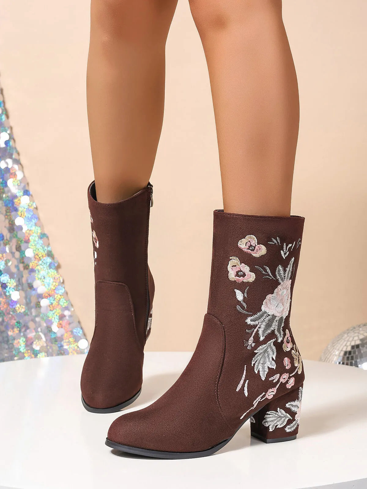 Hazel Blues® Floral Embroidered Block Heel Boots