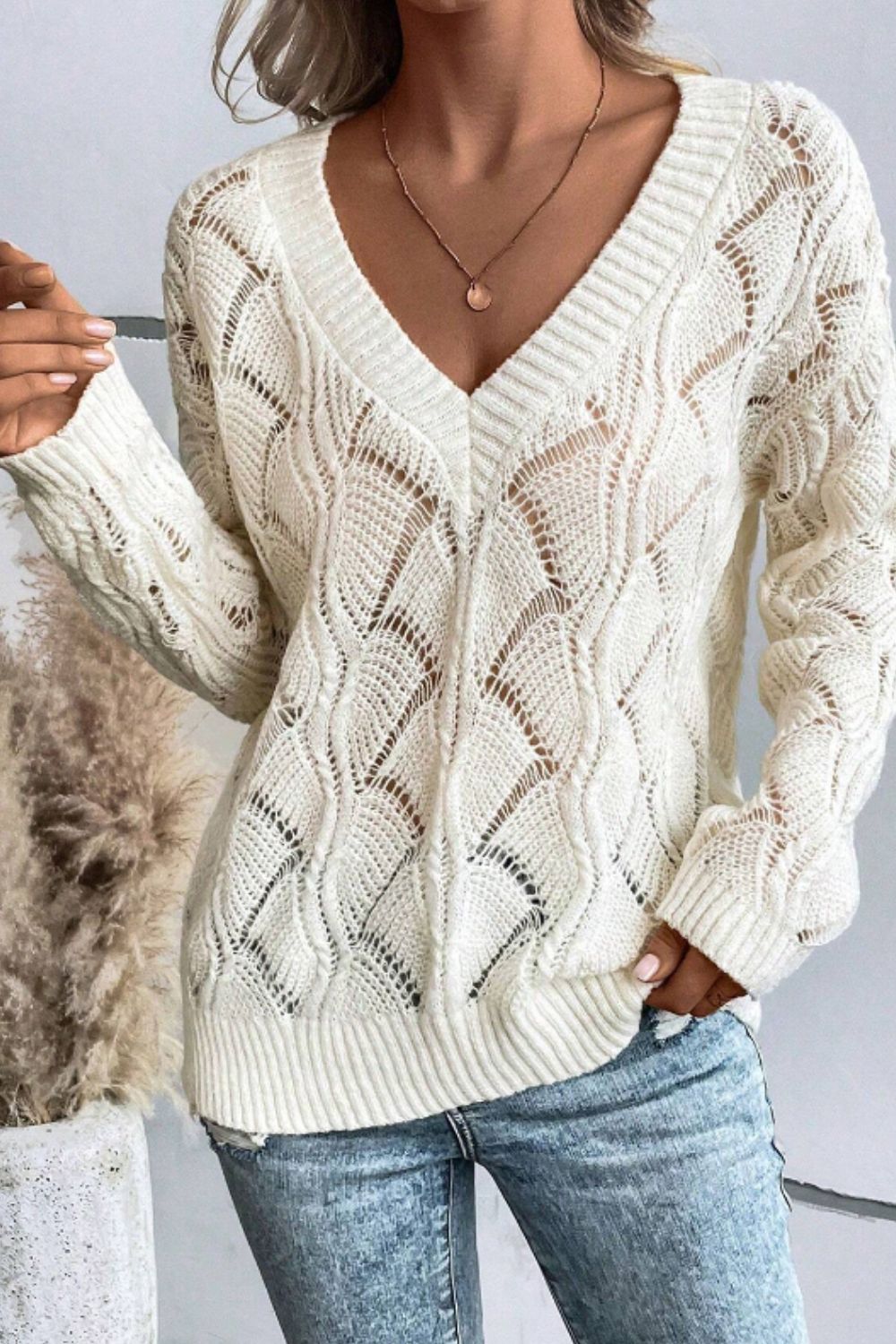 Hazel Blues® |  Openwork V-Neck Long Sleeve Sweater