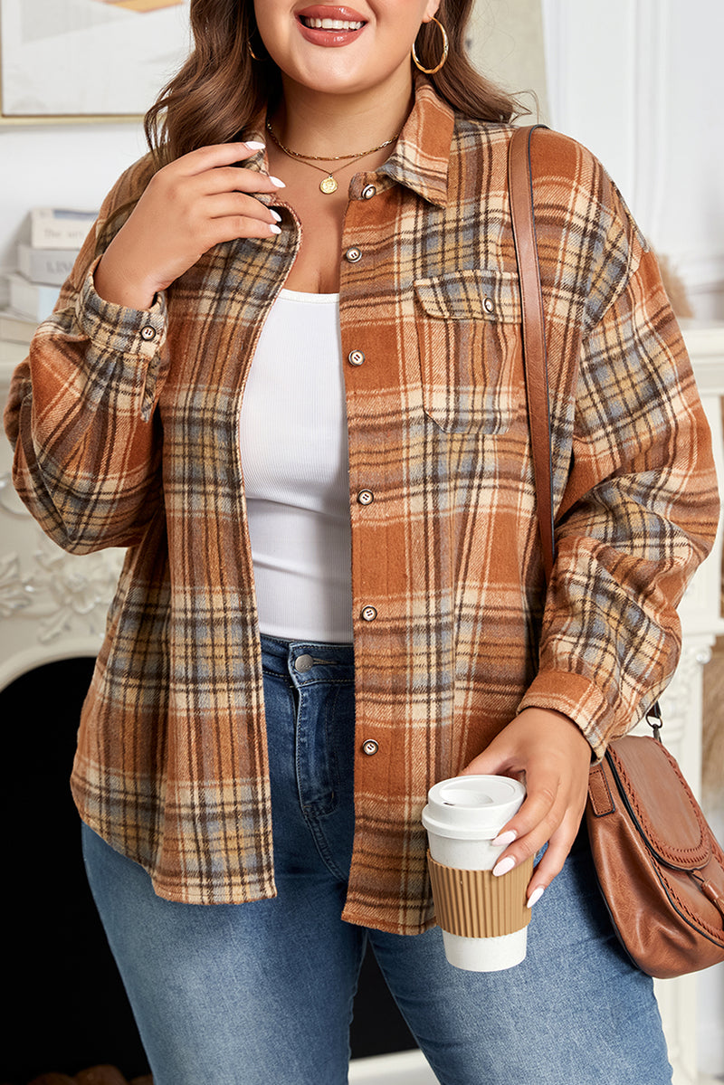 Hazel Blues® | Brown Plaid Print Flap Pocket Buttoned Shacket