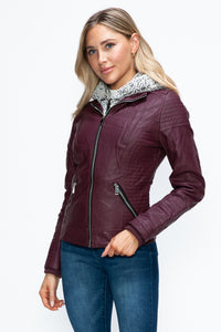 Hazel Blues® |  YMI Faux Layered Double-Zipper Jacket with Fuzzy Hood