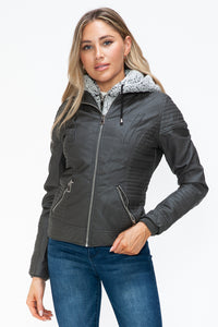 Hazel Blues® |  YMI Faux Layered Double-Zipper Jacket with Fuzzy Hood