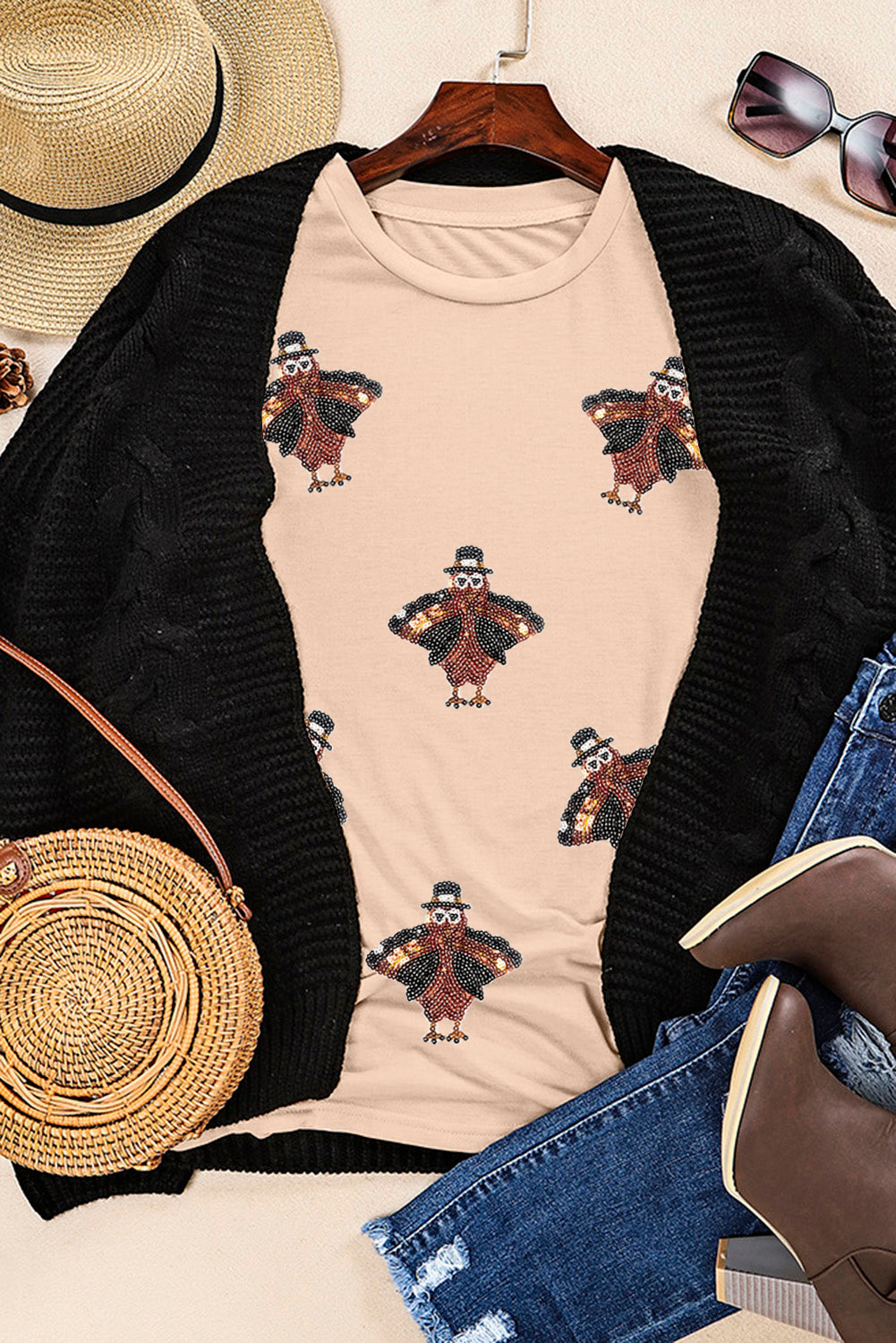 Hazel Blues® |  Khaki Sequined Turkey Patched Pattern Crewneck Thanksgiving T Shirt