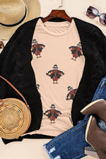 Hazel Blues® |  Khaki Sequined Turkey Patched Pattern Crewneck Thanksgiving T Shirt