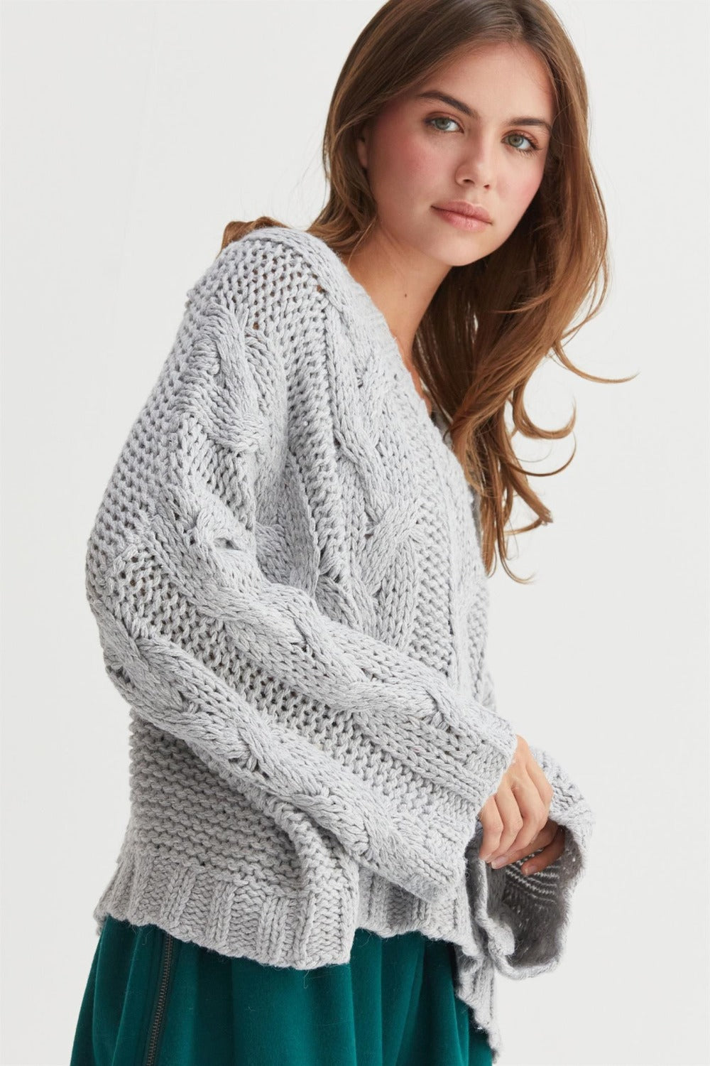 Hazel Blues® |  HYFVE Cable Knit V-Neck Sweater