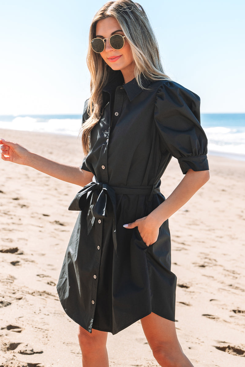 Black Button-Up Tie Waist Puff-Sleeve Mini Dress – Hazel Blues®
