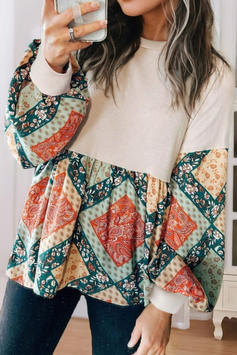 Hazel Blues® |  Printed Round Neck Long Sleeve Blouse