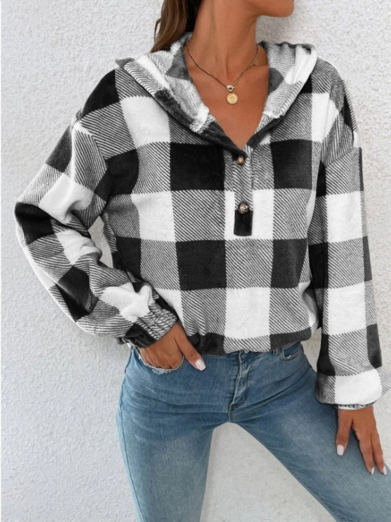 Hazel Blues® |  Plaid Half Button Long Sleeve Hoodie