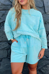Hazel Blues® | Aruba Blue Solid Color Splicing Raw Hem Pullover Top Shorts Set