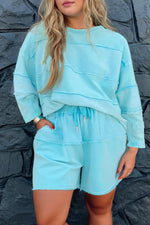 Hazel Blues® | Aruba Blue Solid Color Splicing Raw Hem Pullover Top Shorts Set