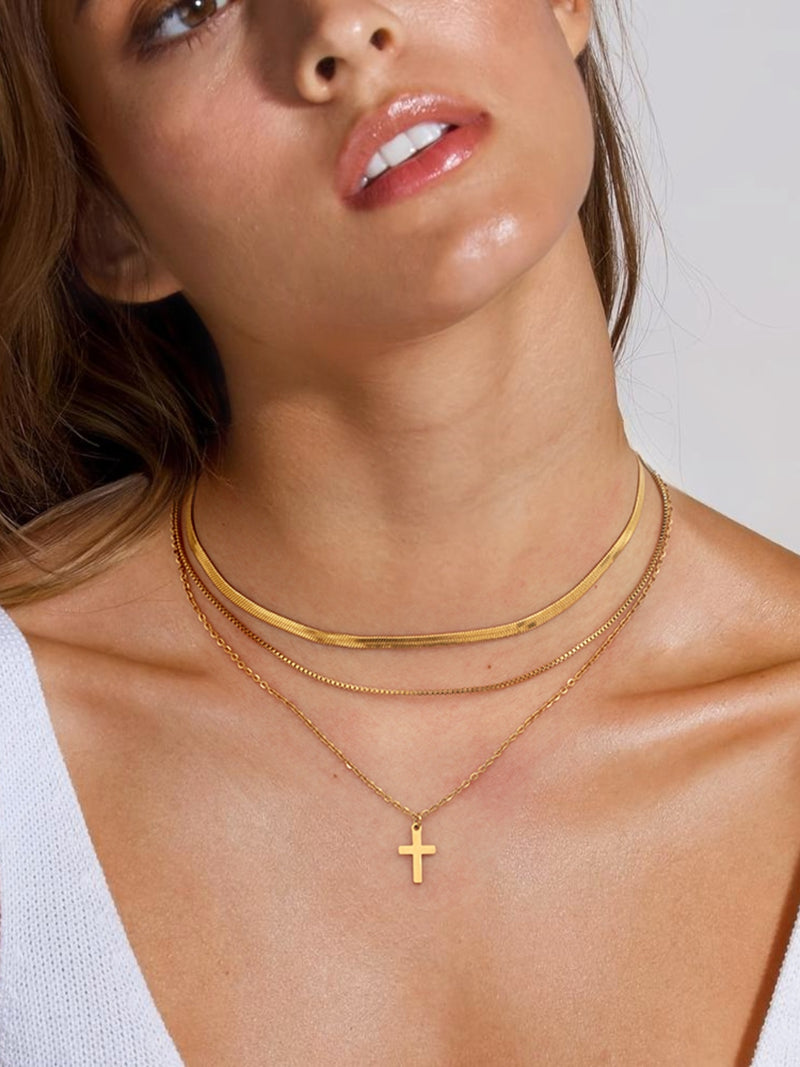 Hazel Blues® |  18K Gold-Plated Three-Layered Cross Necklace