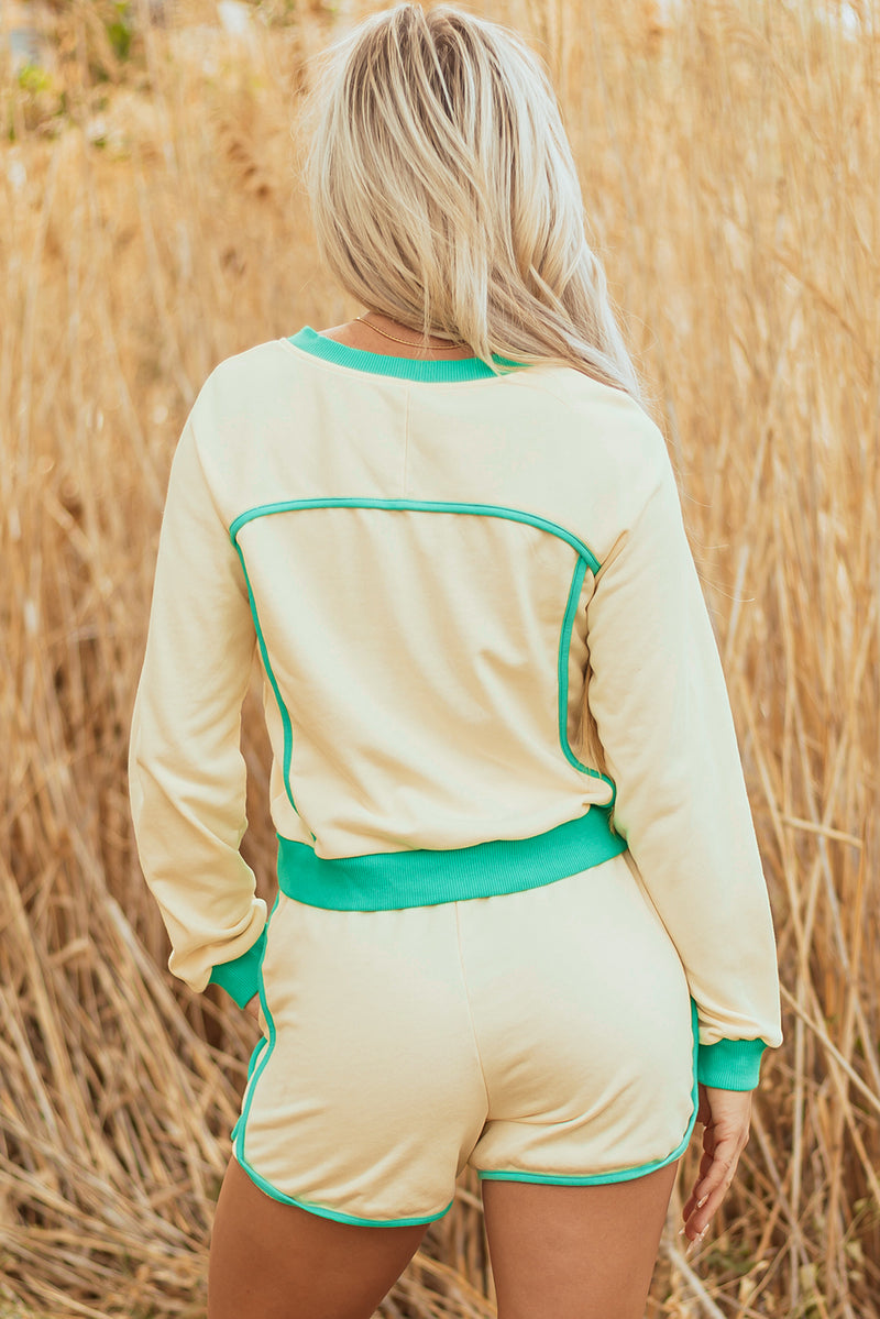 Hazel Blues® |  White Contrast Trim Colorblock Long Sleeve Pullover and Drawstring Shorts 2pcs Outfit