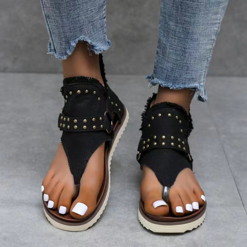 Hazel Blues® |  Studded Raw Hem Flat Sandals