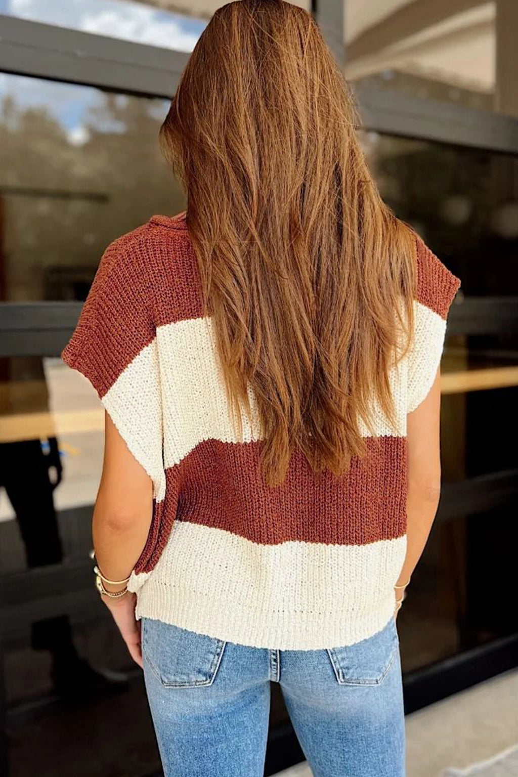 Sophie Paige Brown Stripe Striped Color-Block Knit V-Neck Short-Sleeve Loose Sweater