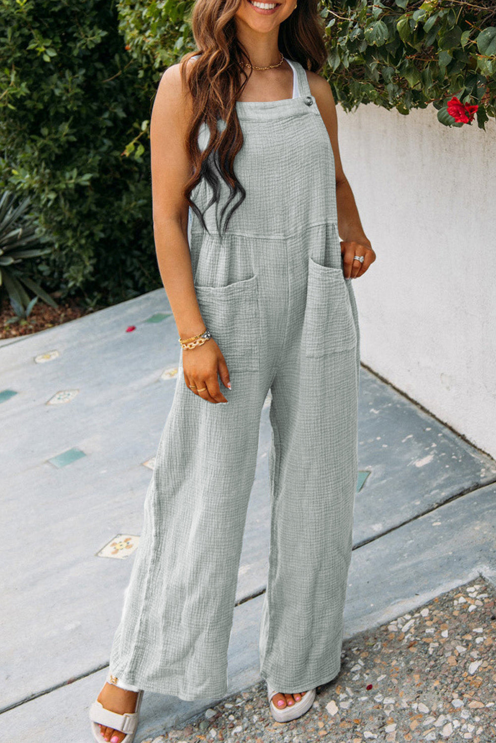 Hazel Blues® |  Gray Textured Wide Leg Overall with Pockets