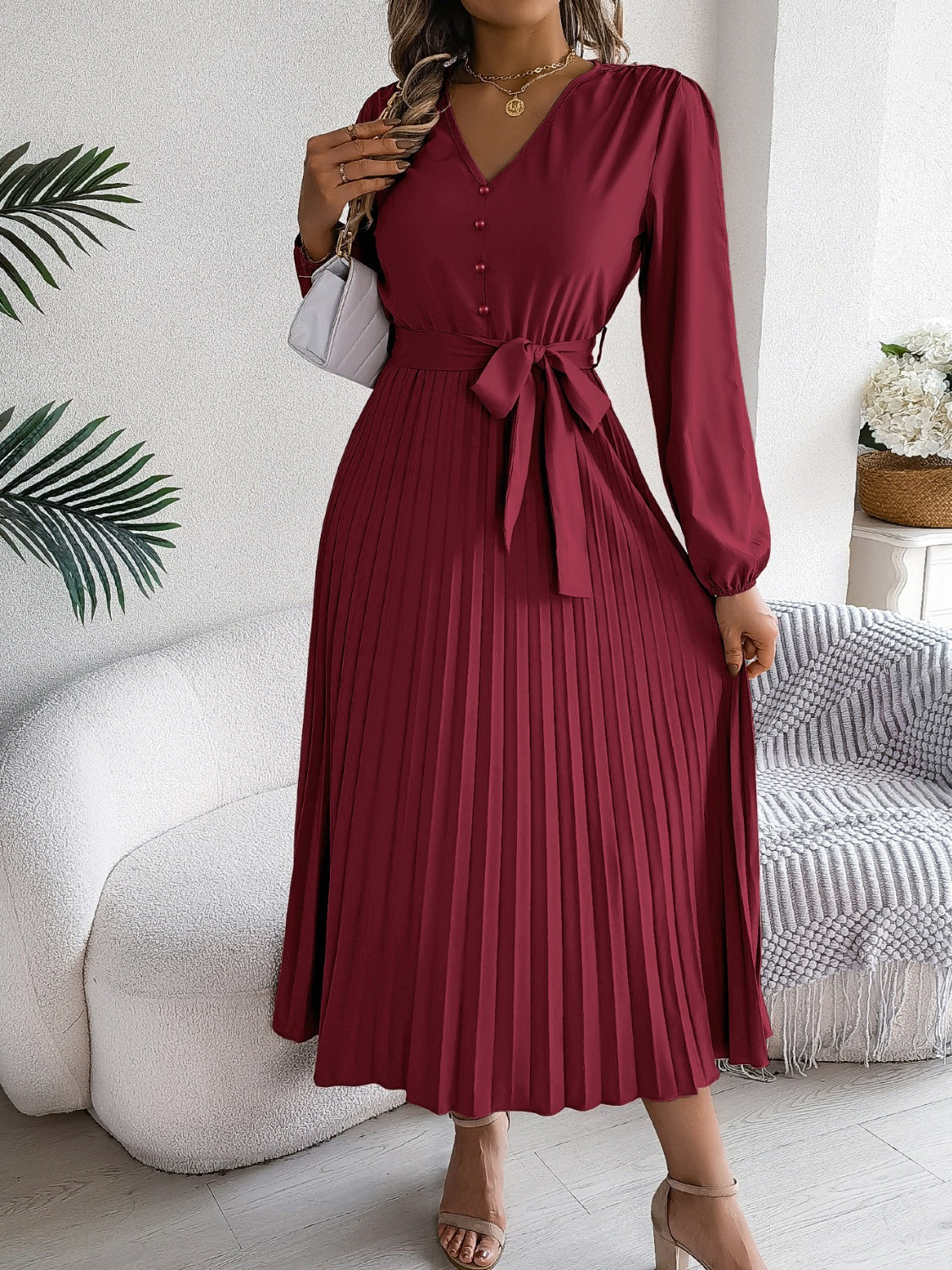 Hazel Blues® |  Pleated Tied V-Neck Long Sleeve Dress