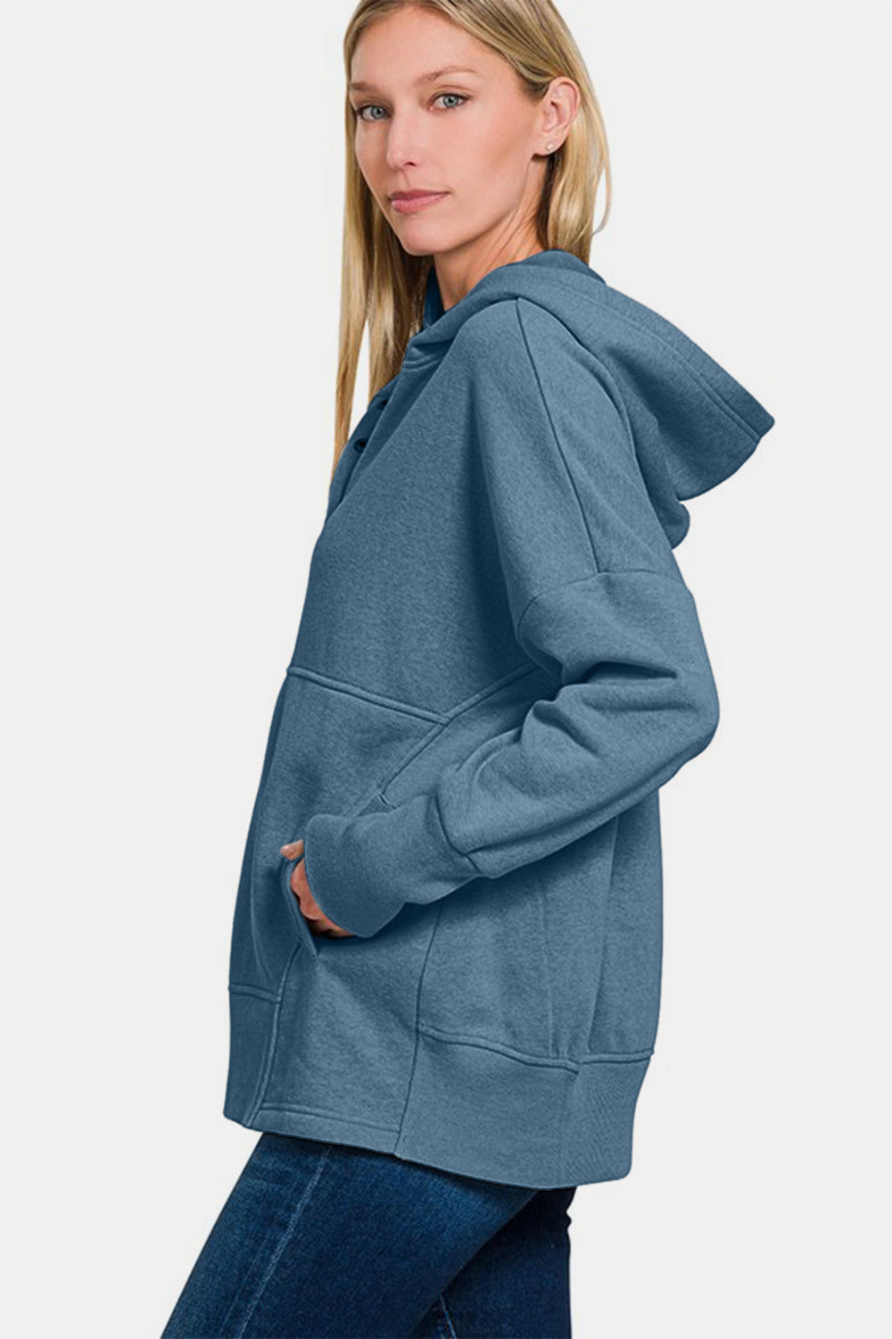 Hazel Blues® |  Zenana Half Snap Long Sleeve Hoodie with Kangaroo Pocket