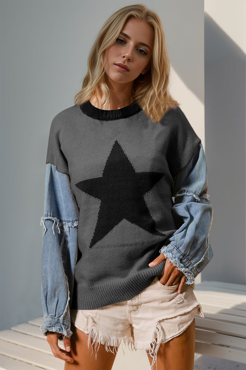 Hazel Blues® |  Double Take Star Pattern Raw Edge Long Sleeve Sweater