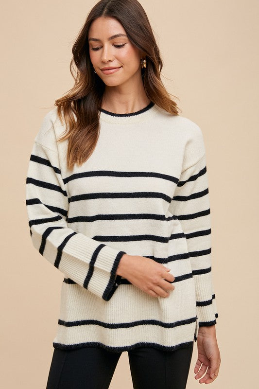 Hazel Blues® |  Annie Wear Side Slit Striped Round Neck Sweater