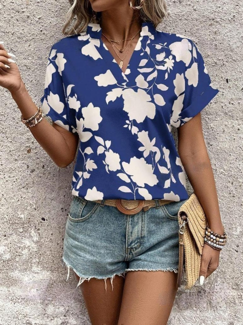 Hazel Blues® |  Flower Notched Short Sleeve Blouse