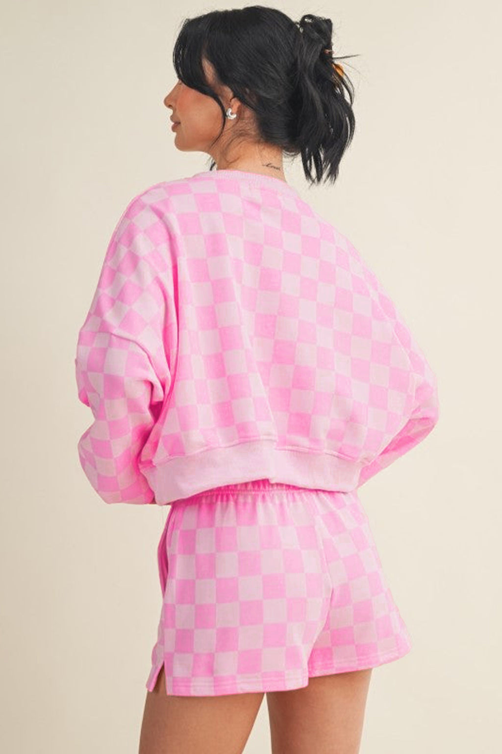 Pink Plaid Checkered Long-Sleeve Crop Top Elastic-Waist Shorts Two-Piece Set