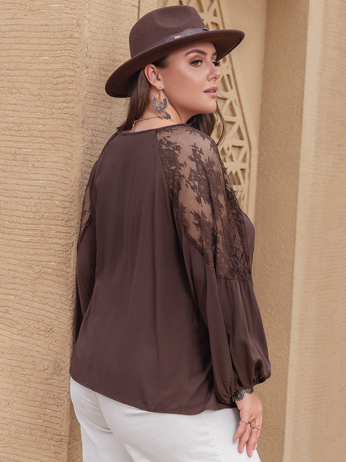 Hazel Blues® | Lace Detail Tie Neck Long Sleeve Blouse