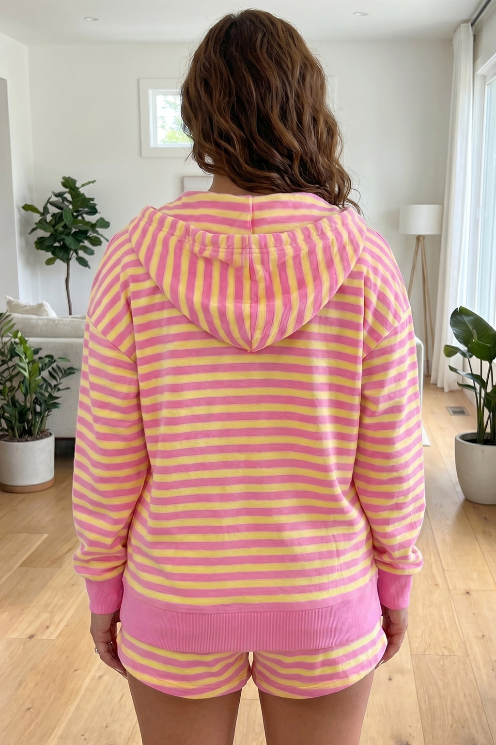 Striped Long Sleeve Zip-Up Hoodie Drawstring Elastic Waist Two-Piece Short Set | Striped Long Sleeve Drawstring Set