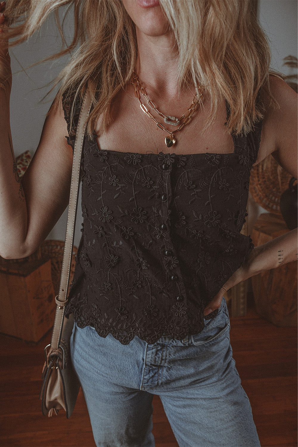 Hazel Blues® |  Embroidered Square Neck Wide Strap Tank