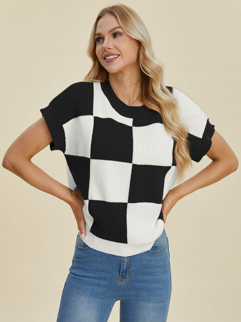 Hazel Blues® |  Double Take Checkered Round Neck Short Sleeve Sweater