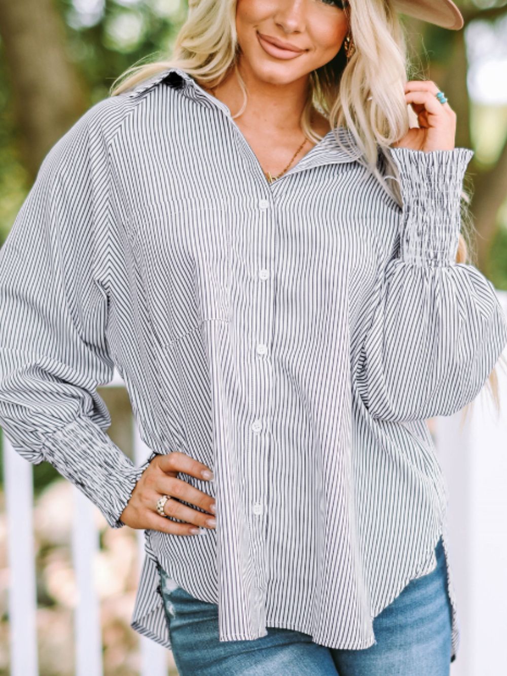 Hazel Blues® |  Striped Collared Neck Lantern Sleeve Shirt