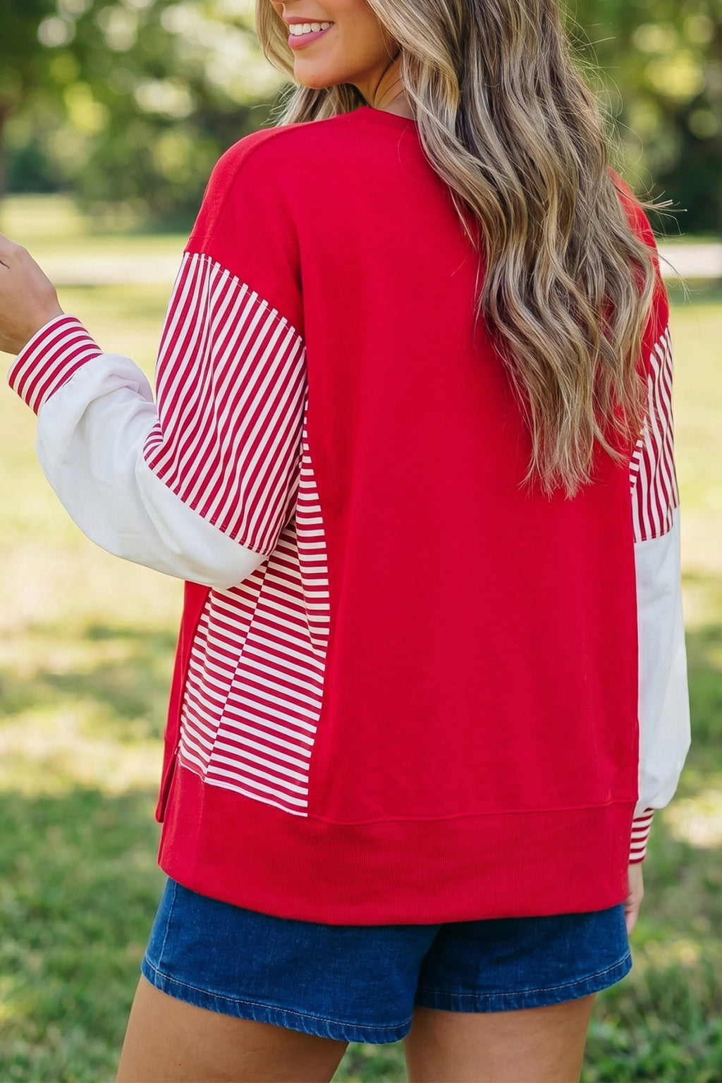 Fiery Red Striped Patchwork Sleeve Colorblock Sweatshirt