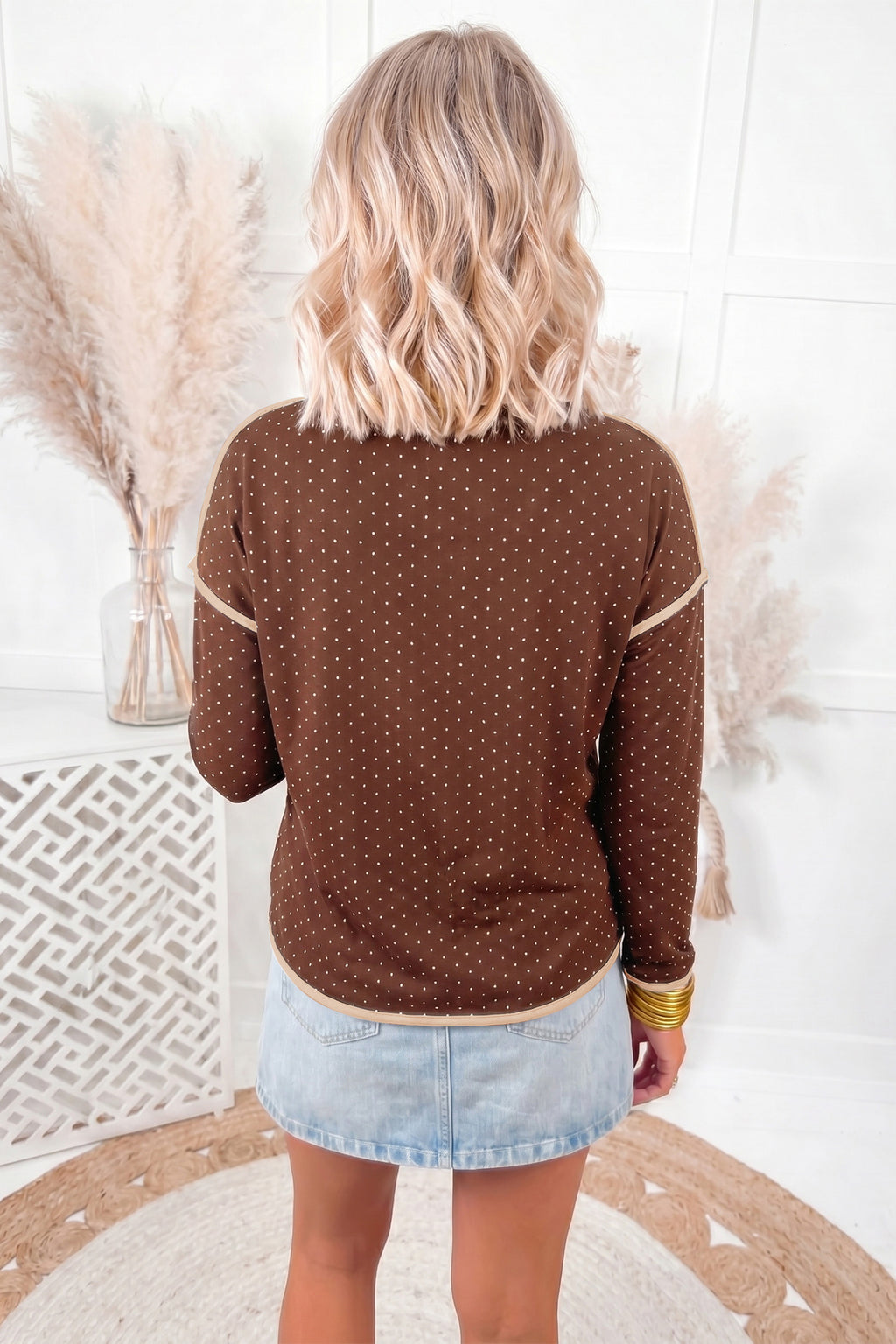 Brown Polka Dot Color-Block Trim Top