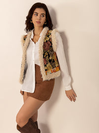 Hazel Blues® |  Embroidered Fuzzy Trim Open Front Vest Coat